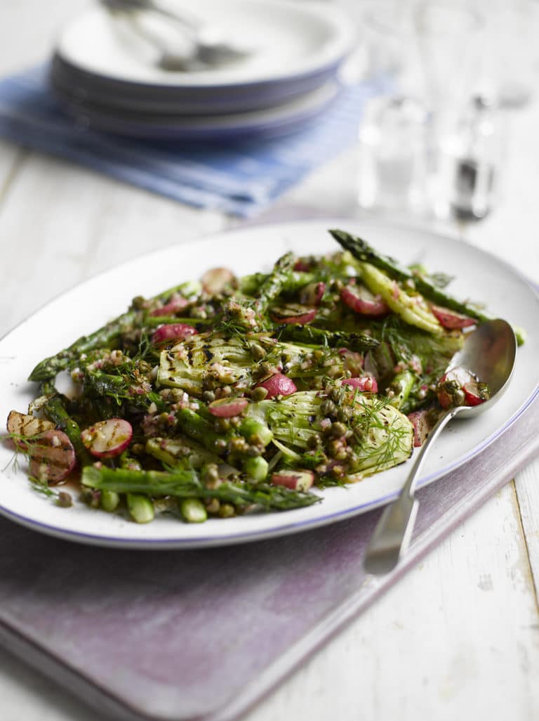 Grilled Radishes, Fennel and Asparagus Salad with a Caper Dressing