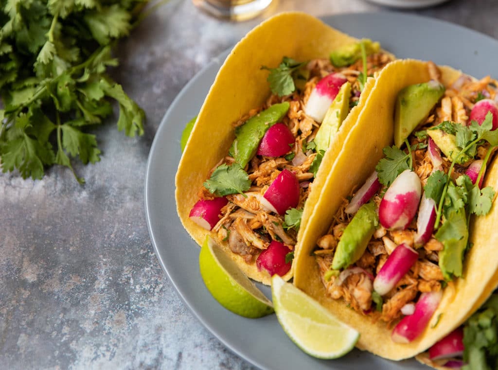 Mexican pulled chicken wraps with Radish and Avocado Salsa