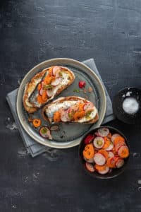 Spicy Marinaded Radishes and Carrots with Sardines on Toast