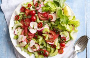 Radish, Celery and Tomato Salad with Chilli, Mint and Lime Dressing